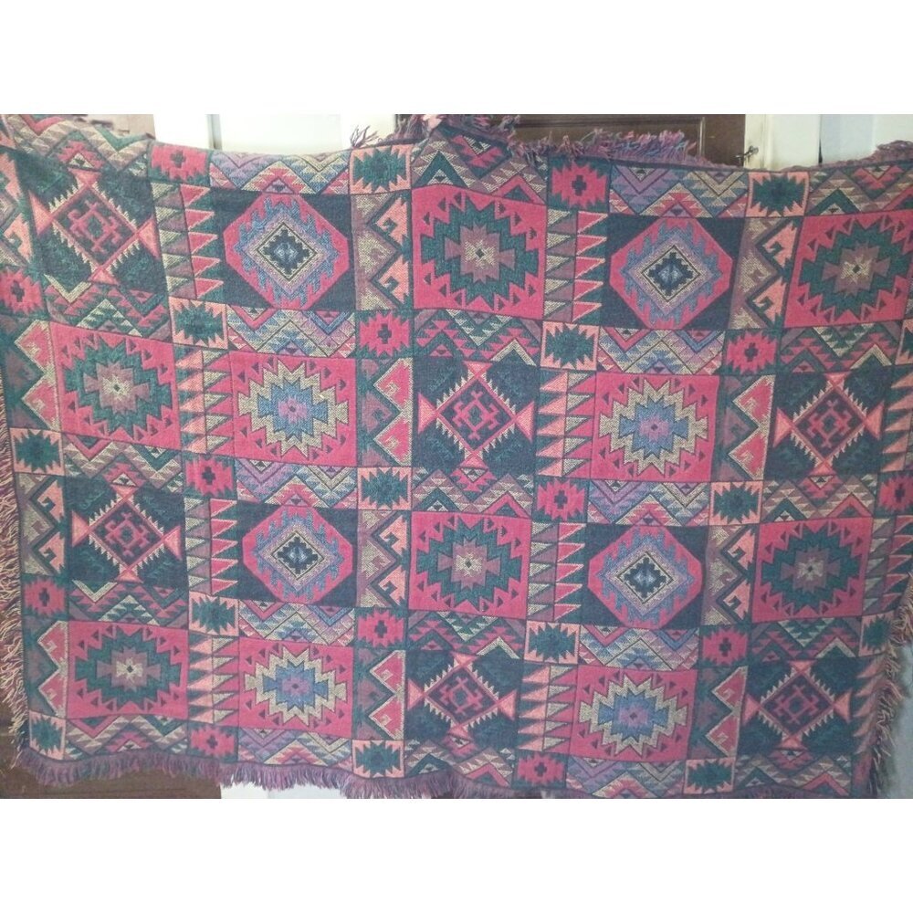 Vintage Goodwin Weavers Throw Blanket Tapestry Aztec Southwest 65x45